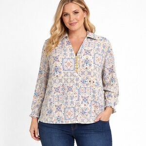 Foxcroft Alexis Blouse Tile Print Boho Popover Top Multicolor Size Large